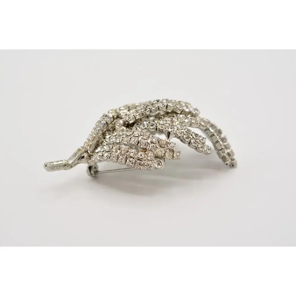 Vintage Crystal 3D Leaf Pin Brooch Baguette Prong Rhinestone Silver 1960s BinAL